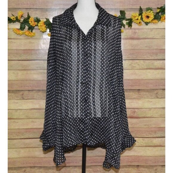 Lane Bryant Black Polka Dot Button Front Sheer Blouse Plus Size 22W 24W Tunic - Picture 1 of 11